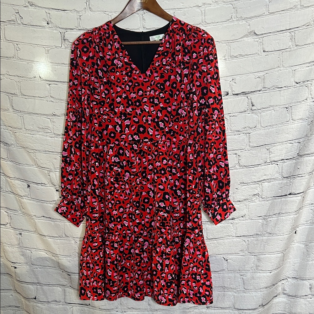 Jade Red Pink Black Leopard Print Long Sleeve Dress Size X-Small